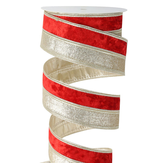 DINDOSAL Red Velvet Wired Ribbon 2.5 Inch x 10 Yards, Champagne Glitter Two Tone Christmas Ribbon for Tree, Wreaths, Bows, Garlands, Gift Wrapping, Holiday Decor