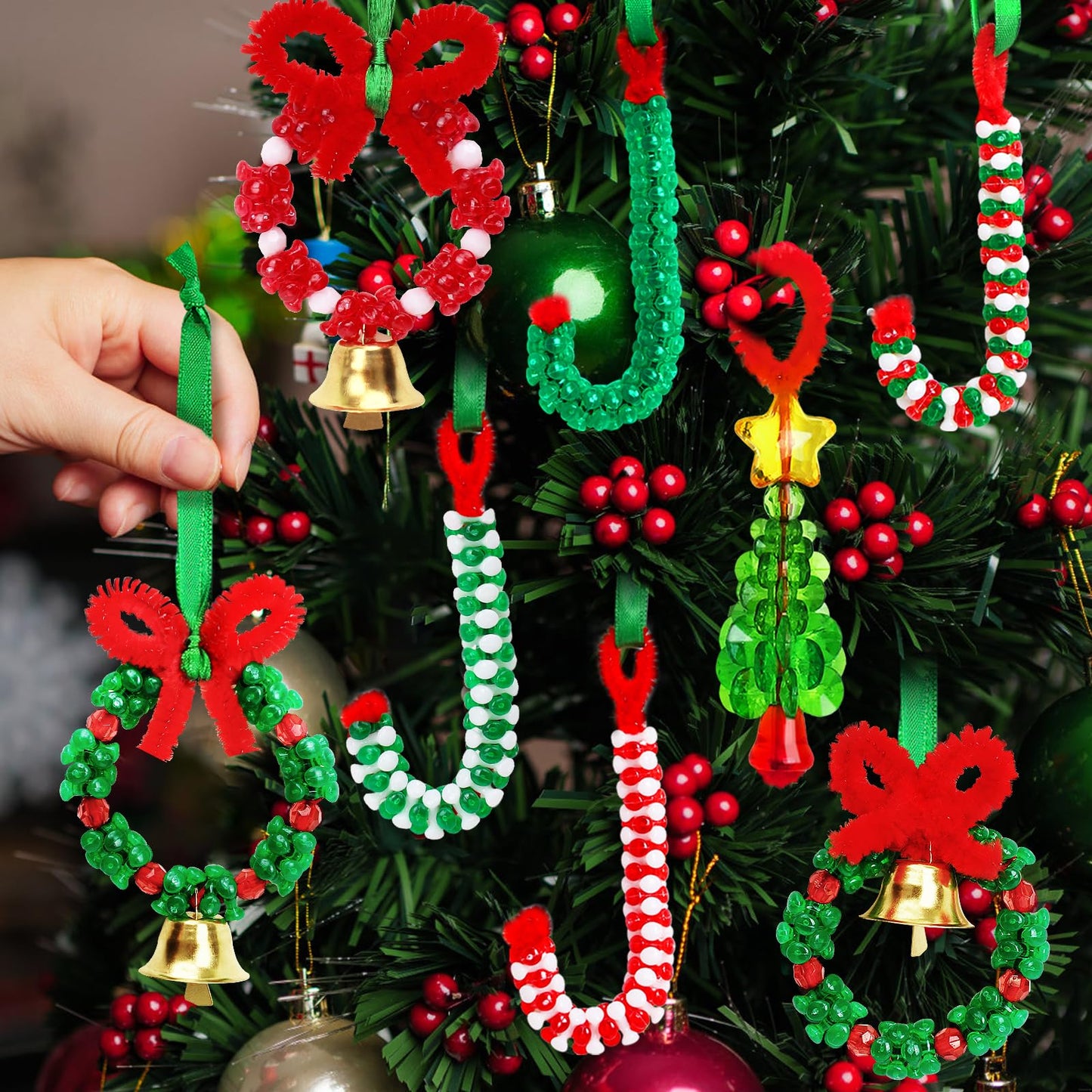 AWHETIE Christmas Crafts for Adults Kids,55 Sets Christmas Beaded Ornament Kit,Including 20 Pcs Wreath with Bell/5 Pcs Tree/30 Pcs Candy Cane,Holiday Tree Decorations Party Supplies