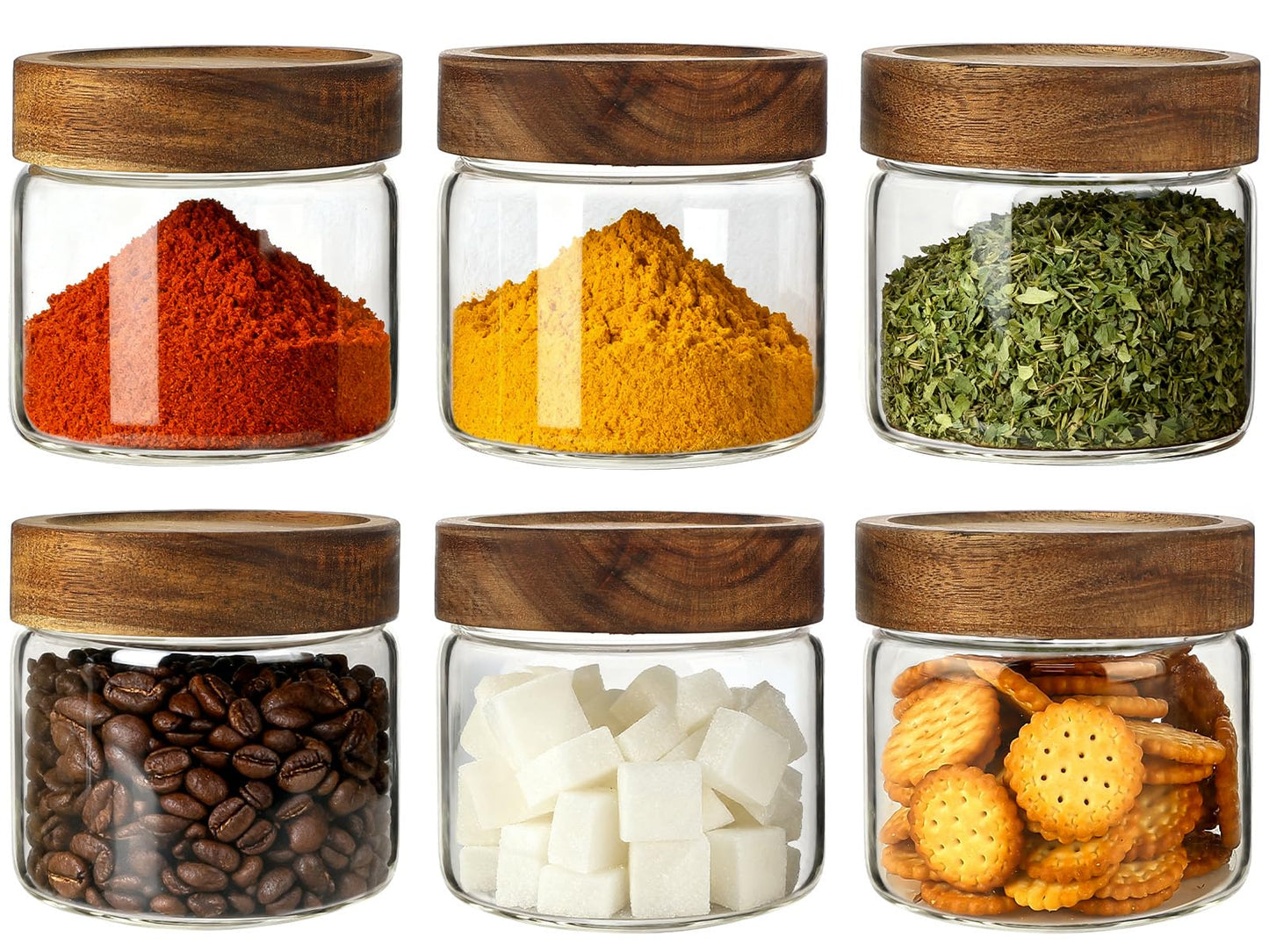 CONNOO 17oz Airtight Glass Spice Jars with Lids (6-Pack) – Includes 120 Pre-Printed Waterproof White Kitchen Labels – Thick Durable Storage for Pantry, Coffee, Sugar & Meal Prep