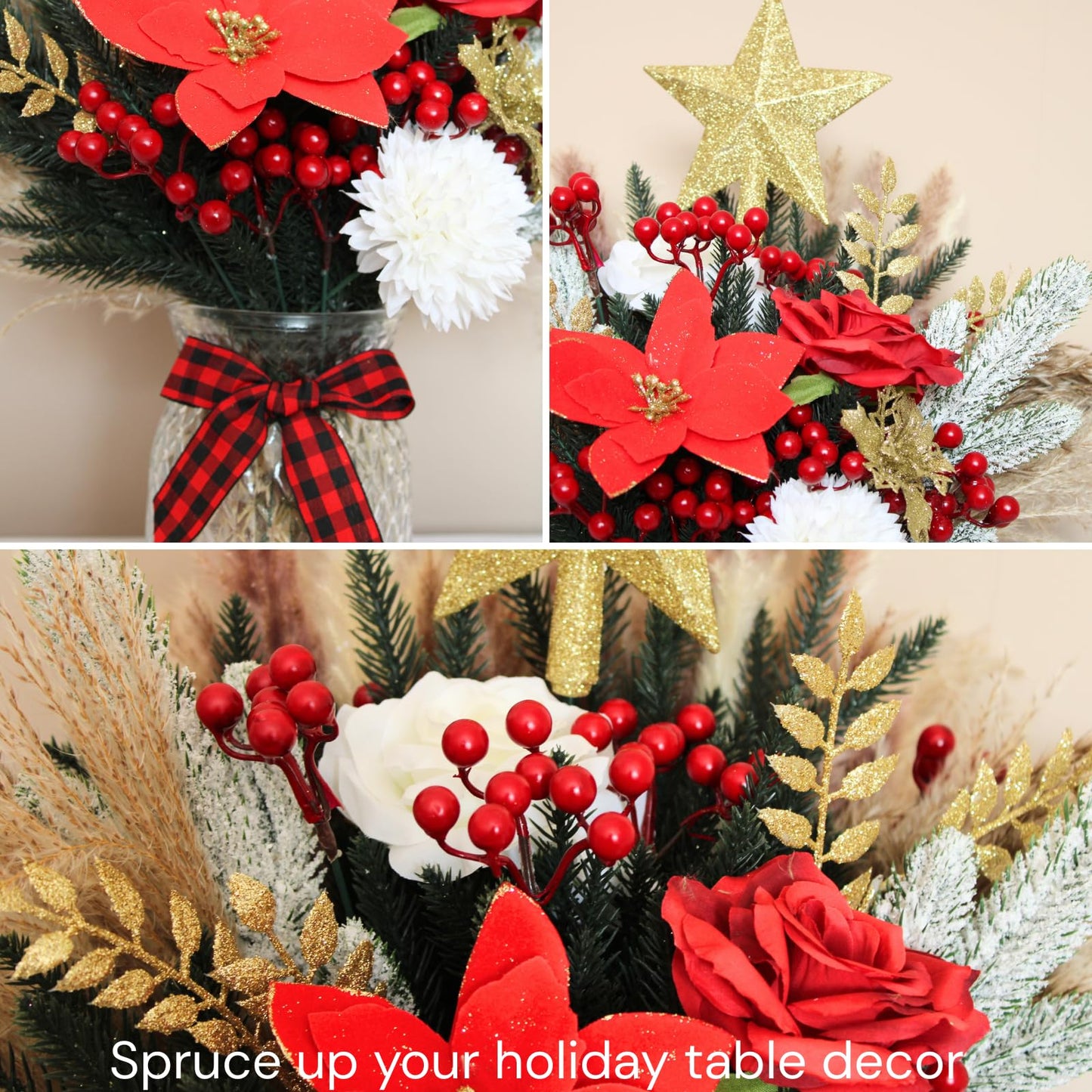 RyddeligHome Christmas Centerpieces for Tables in July, Holiday Table Decor, 100pcs Christmas Floral Arrangements in Vase, Pottery Xmas Decorations, Artificial Poinsettia Red Berry Pine Branches