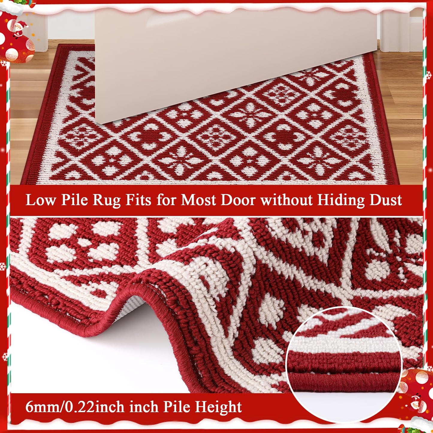 Ileading Christmas Entrance Door Mat, Absorbent Dog Mats for Muddy Paws, Low-Profile Small Red Xmas Decor Kitchen Runner Rug with Non-Slip Backing, Machine Washable Entryway Welcome Mat(Red 24"X36")