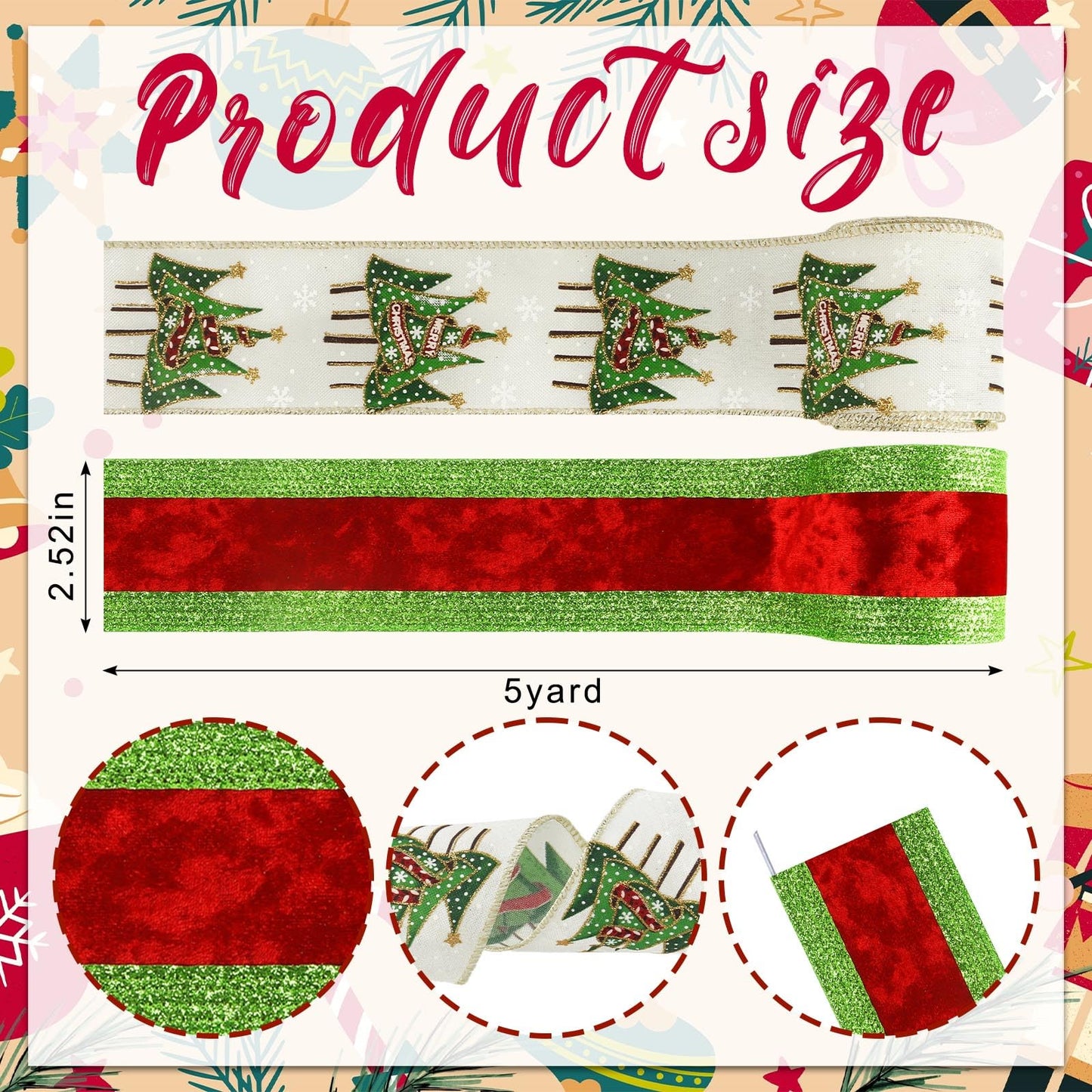 Threetols 2 Rolls 10 Yards Christmas Wired Edge Ribbons, 2.5inch Green Red Stripe Velvet Ribbons, Glitter Christmas Tree Snowflake Ribbon for Winter Xmas Party DIY Craft Wreath Bow Decor