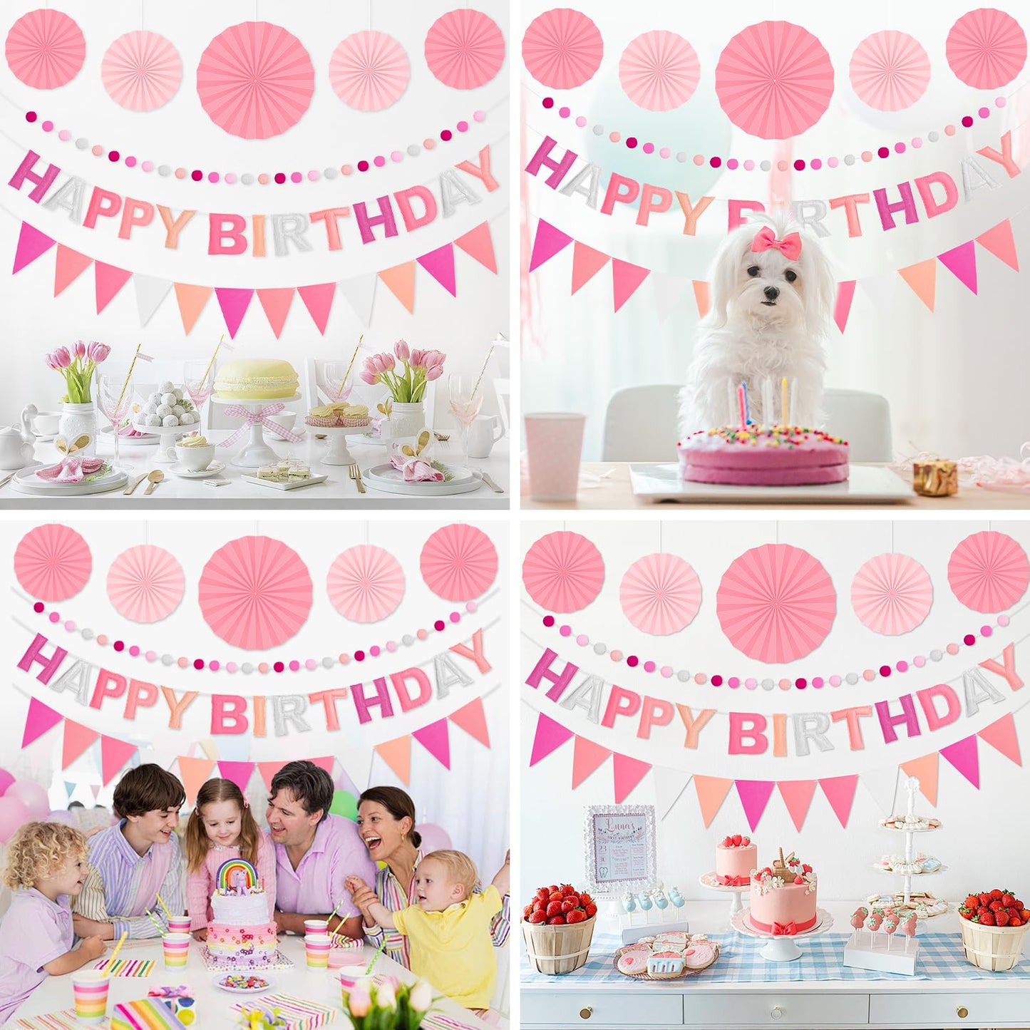 Danadia Pre-Strung Happy Birthday Banner, Reusable Felt Birthday Party Decorations, 3D Effect Happy Birthday Sign with Felt Ball Garland, Pennant Flag, Hanging Paper Fans for Men Women Boy Girls (Pink)