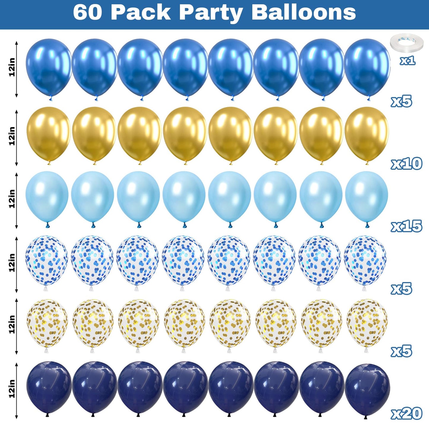 Blue and Gold Balloons, 60Pcs 12Inch Navy Pearl Party Balloons With Metallic Helium Balloon Confetti Latex Set for Boys Birthday Baby Shower Christening Decorations