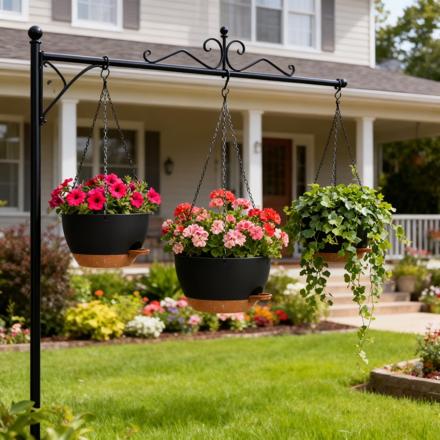 UOUZ Set of 3-10 Inch Self Watering Hanging Planters for Indoor Outdoor，Hanging Plant Pots with Drainage & Removable Tray, Hanging Pots Holder for Ivy, Pothos, Ferns, Balcony & Patio, Black with Brown