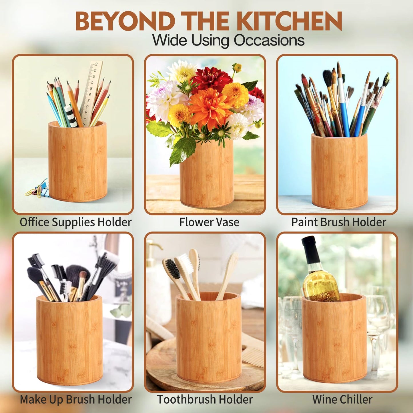 Bamboo Utensil Holder, Large Utensil Holders for Kitchen Counter, Bamboo Spoon and Chopstick Holder for Kitchen Decor, Flatware and Spatula Storage Organizer, for Countertop, Pantry and Bathroom