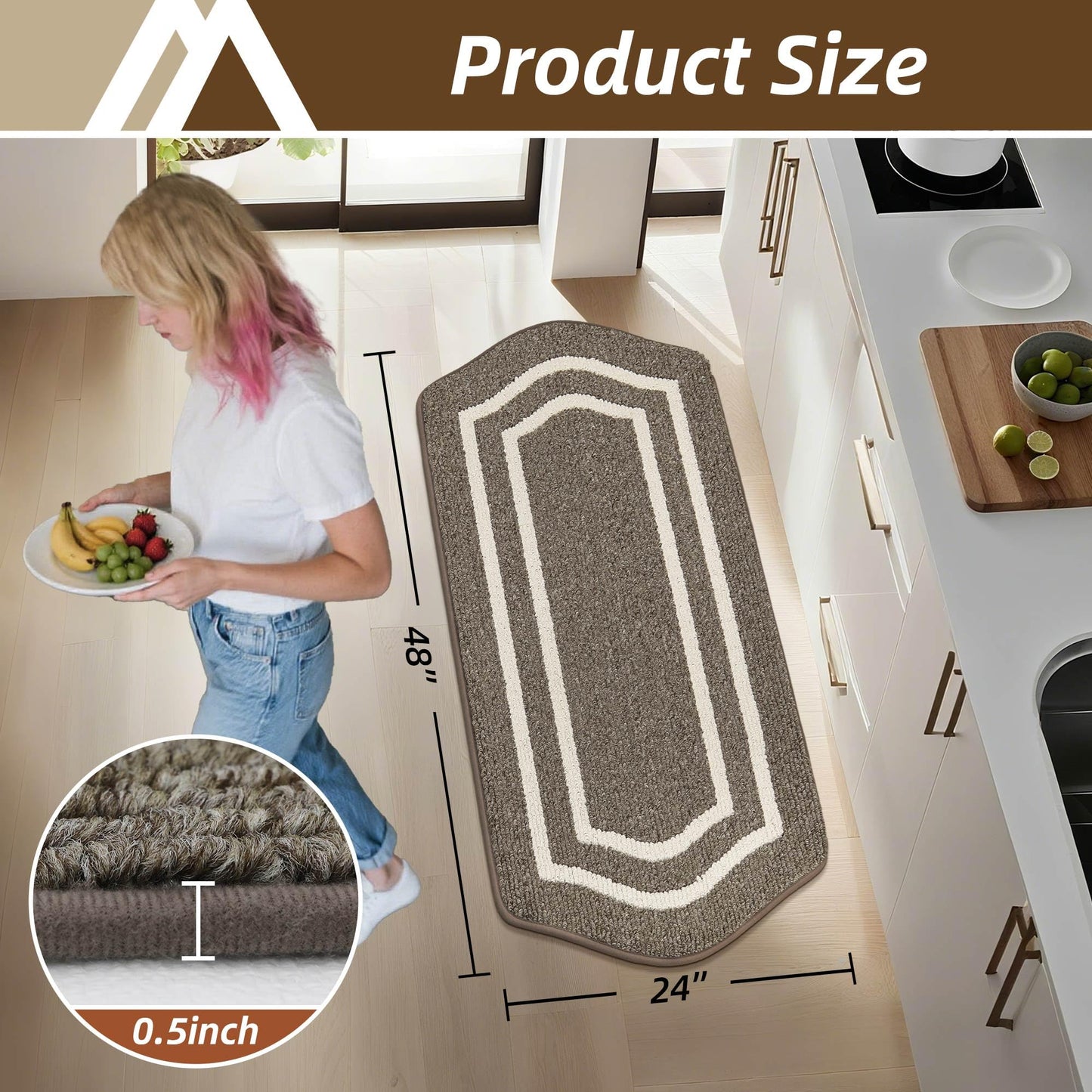 COSY HOMEER Long Kitchen Floor Mats for in Front of Sink Super Absorbent Kitchen Rugs and Mats 24"x48" Non-Skid Kitchen Mat Standing Mat Washable,Polypropylene,Brown,Frame