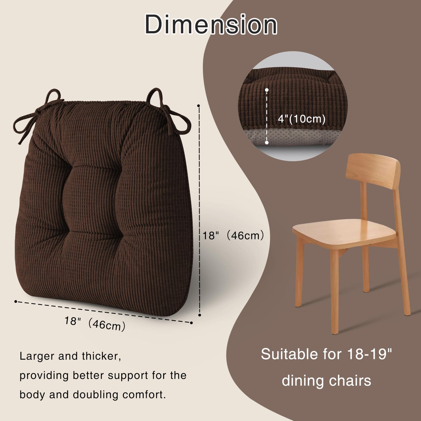 OVOV Chair Cushions for Dining Chairs Set of 1 Non-Slip Kitchen Seat Cushions 18" x 18" x 4" Indoor Seat Pads with Ties Coffee