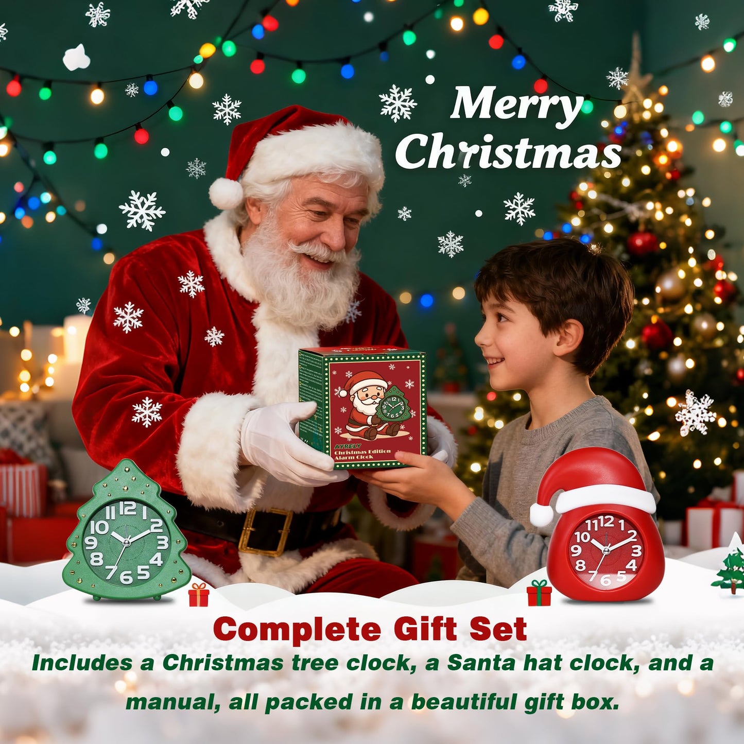AYRELY® Christmas Alarm Clock Gift Set – 2 Silent Analog Clocks (Santa Hat & Christmas Tree), Ready-to-Gift Holiday Edition for Kids & Family, with Festive Gift Box