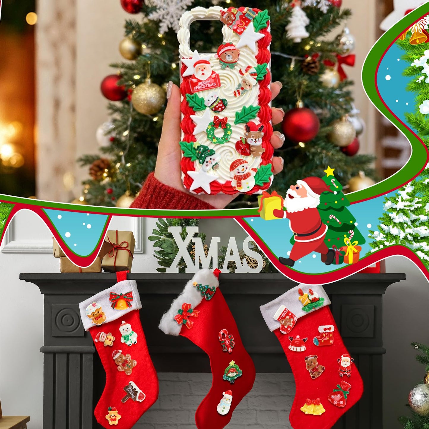 Giegxin 40 Pcs Christmas Resin Charm Kawaii Red Cardinal Candy Canes Santa Claus Flat Back Cabochon Accessories Cute Embellishments Bulk for Christmas Decor Jewelry Cellphone Case Scrapbooking DIY