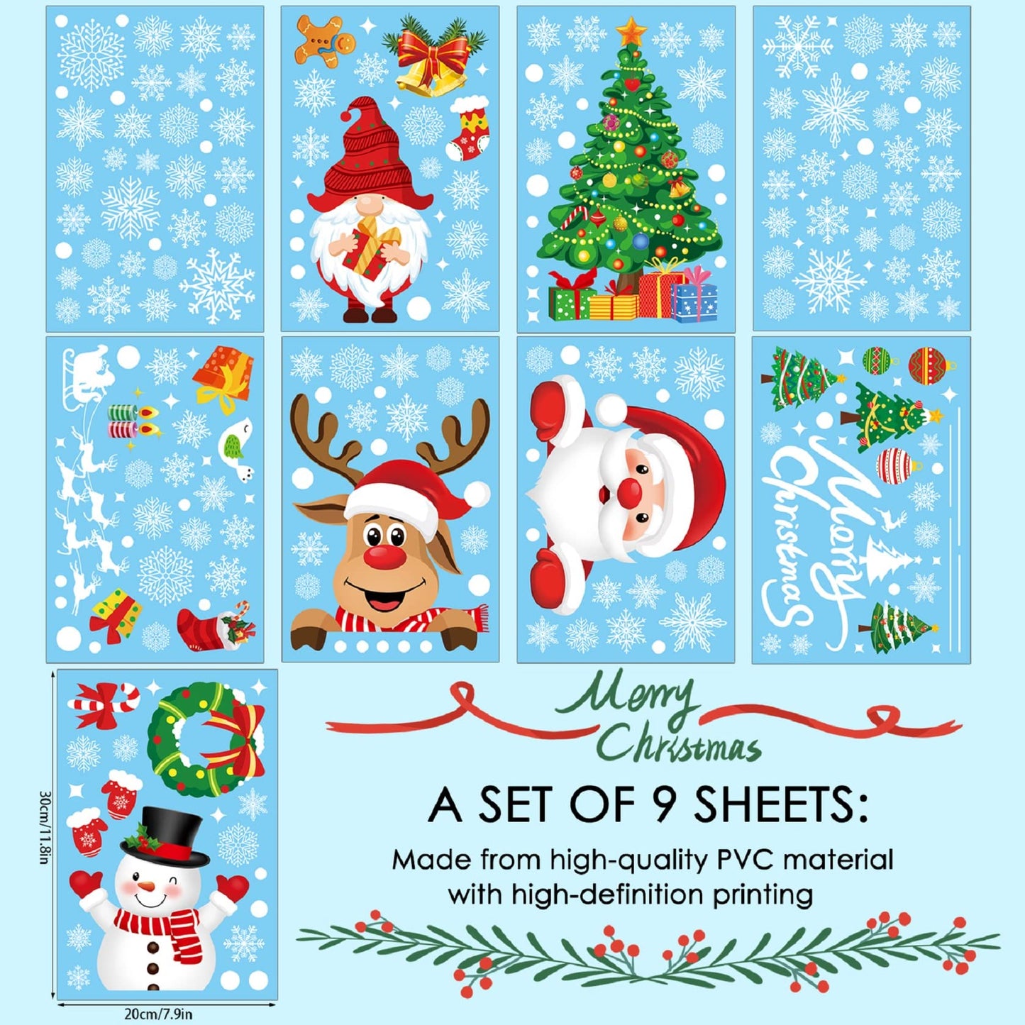 Christmas Window Clings 245pcs Christmas Decals Reusable Double Sided Printed Self Adhesive Window Decorations Santa Claus, Moose, Snowman,Socks,Dwarfs,Xmas Tree and Snowflakes Window Clings, 9 Sheet