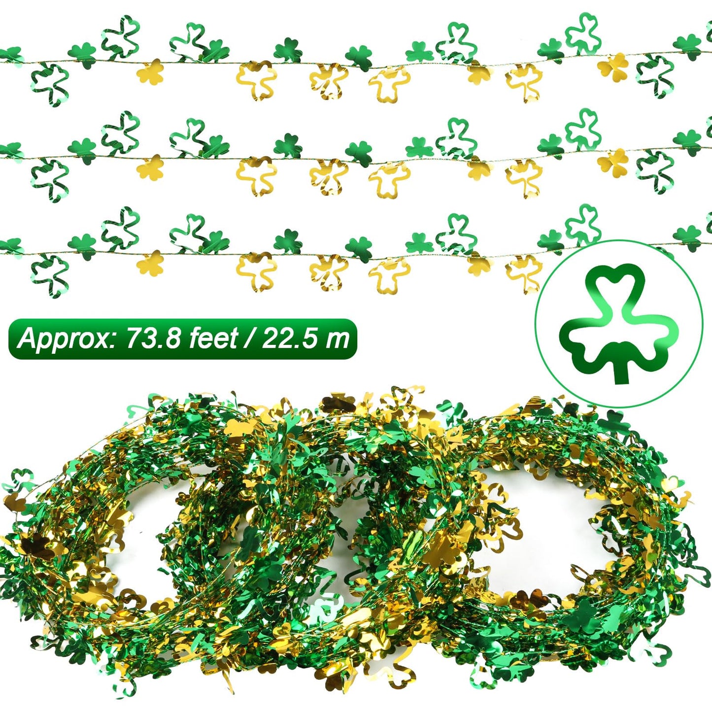 LOAVER 75 Ft St. Patrick's Day Shamrock Wire Wreath Tinsel Garland,3 Rolls Hollowed Metallic Twist Garland Irish Festive Clover Wreath for St. Patrick's Day Party Wall Crafts Decoration(Green & Gold)