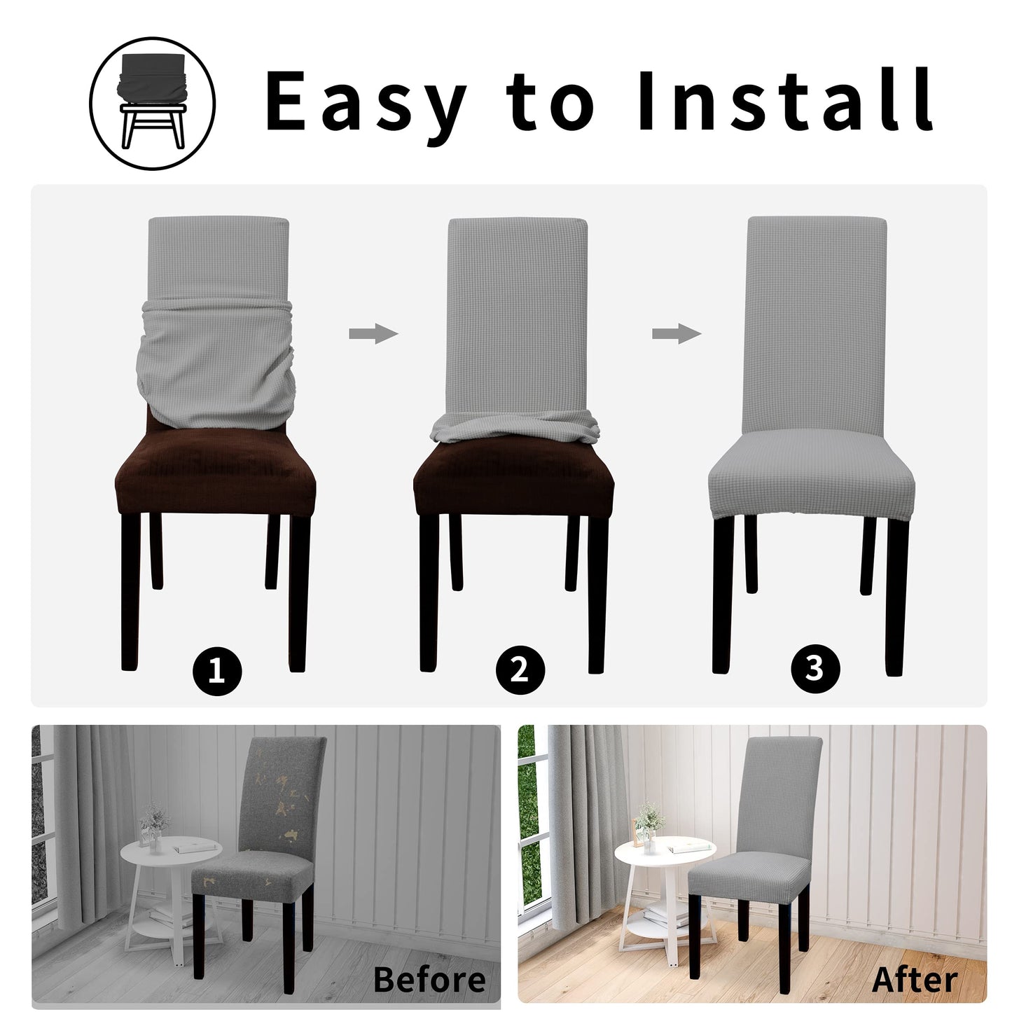 Easy-Going 100% Waterproof Dining Room Chair Cover Set of 6, Stretch Jacquard Parson Chair Slipcover Removable Washable Chair Protector for Home, Restaurant, Banquet (Large, Light Gray)