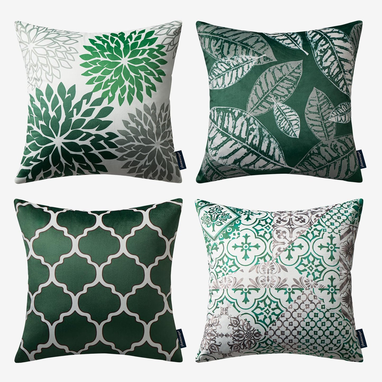 Phantoscope Set of 4 New Living Series Leaf Geometric Throw Decorative Velvet Pillow Cover Cushion Cover, Christmas Green 18 x 18 inches 45 x 45 cm