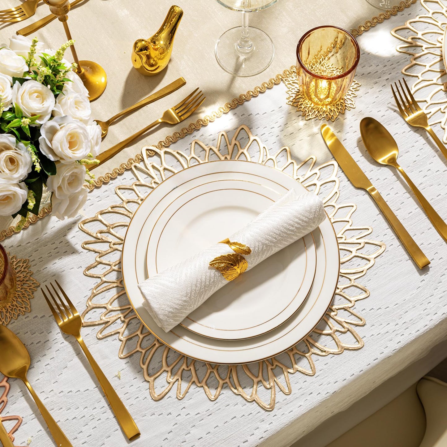 Gold Placemats Set of 8 Table Mats Gold Charger Plates Place Mats & 8 Pcs Coasters Wipeable Modern Holiday Round Placemats for Christmas Thanksgiving Farmhouse Wedding Dining Table Setting Decor