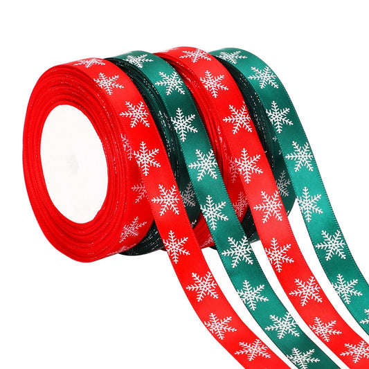Christmas Ribbons, DECYOOL 4 Rolls 100 Yards Christmas Snowflake Ribbons for Gift Wrapping, 15mm Wide Red and Green Satin Ribbon for Festival Holiday Party Decorations DIY Crafts
