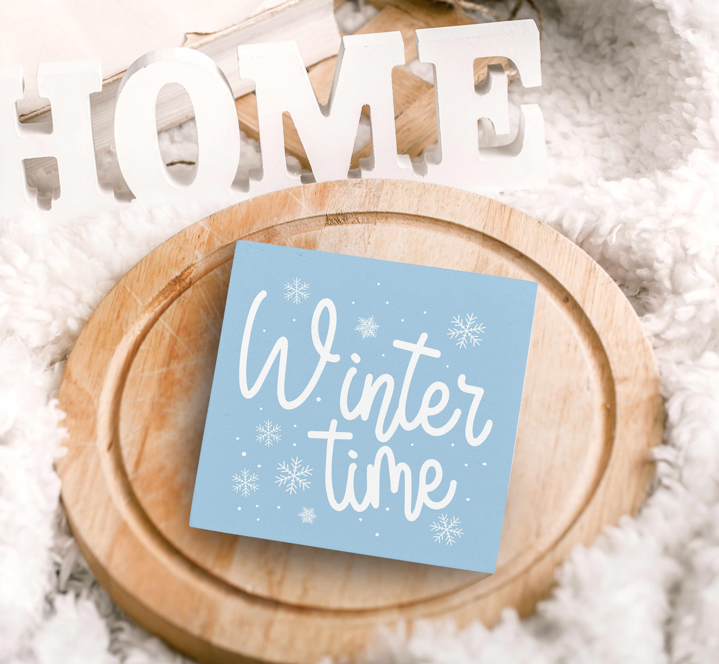 SRADMO Winter Time Christmas Blue Wooden Sign Desk Decor, Modern Farmhouse Pastel Blue Snowflake Christmas Wood Block Signs for Home Office Xmas Party Holiday Desk Table Shelf Decorations, 5x5 Inches