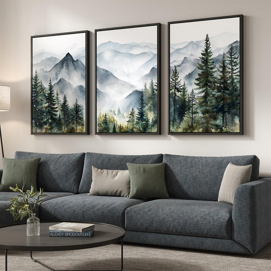 Framed Mountain Landscape Wall Art for Living Room, Large Foggy Forest Watercolor Artwork for Walls, 3 Piece Nature Mountain Forest Paintings Prints for Hallway Office Kitchen Wall Decor, 24x36 Inch