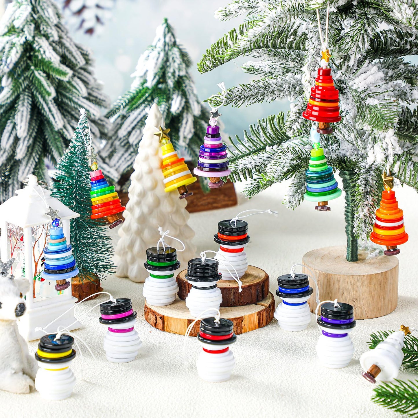 Soulchen 16 Sets Button Winter Ornament Kit Button Christmas Tree and Snowman Craft DIY Hanging Ornament Kit for Home Winter Holiday Party Decor