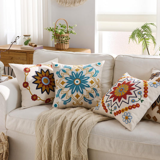 Kuderiy Embroidered Throw Pillow Cover 18x18 Classic Boho Floral Pattern Pillows Cover Outdoor Decorative Pillowcase,Durable Cozy Textured Cushion Case for Sofa Couch Bed Living Room,Teal