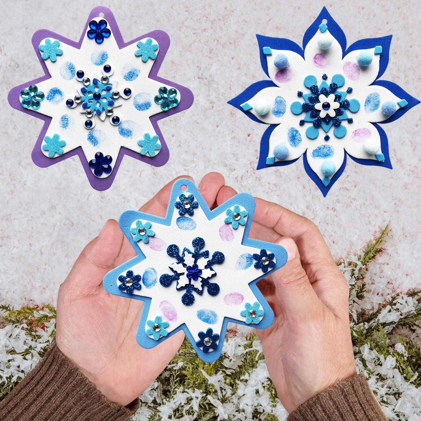 MLOLM 30 Sets Thumbprint Snowflake Craft Kit Christmas Thumbprint Ornament Kit Make Your Own Snowflake Sticker for Winter Christmas Frozen Home Activities Party Favors