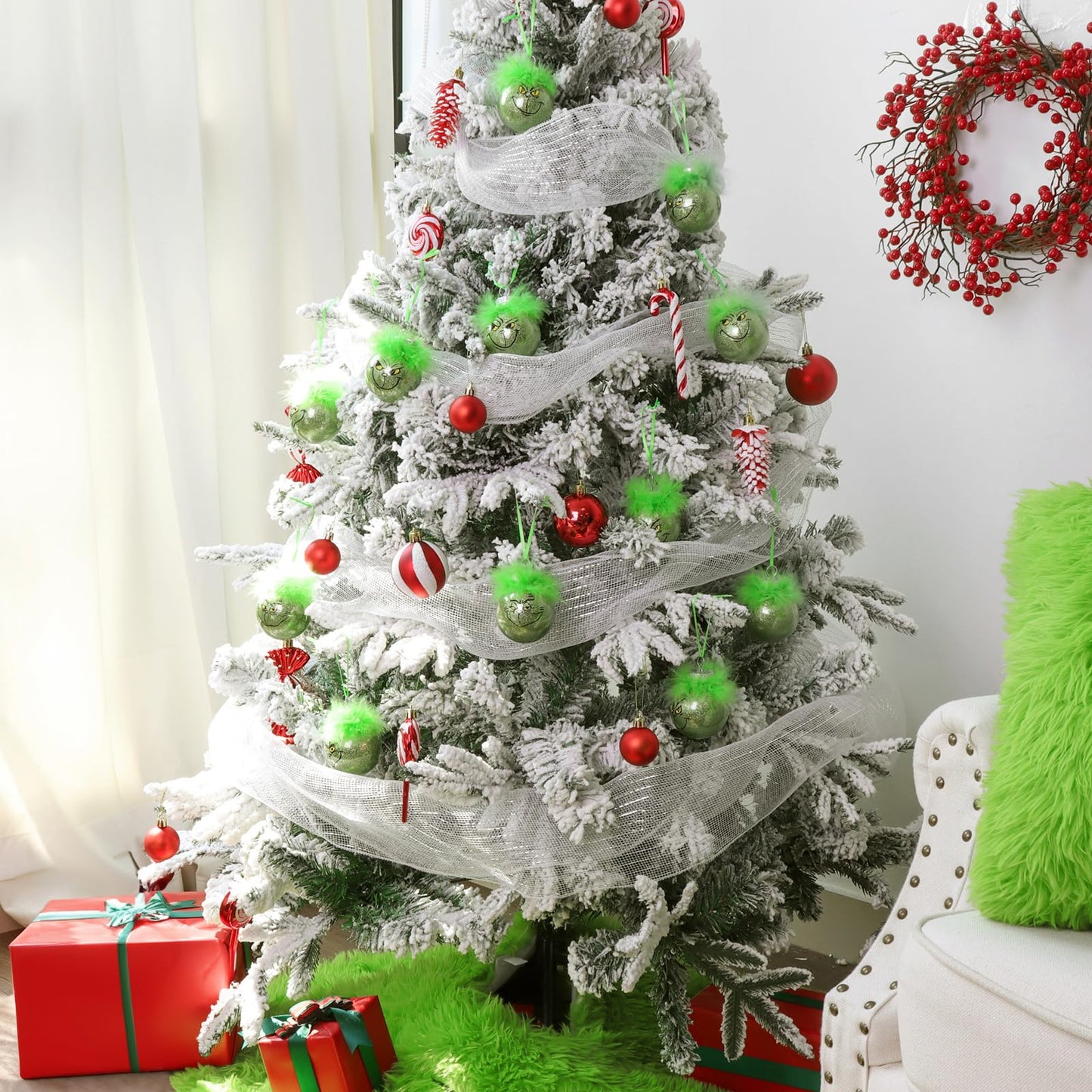 Bunny Chorus Christmas Decorations Indoor: 12pcs Cute Green Elf Christmas Tree Ornaments with Fuzzy Hair, Hanging Thief Monster Xmas Balls for Tree Fireplaces Garland, Kids Home School Office Decor