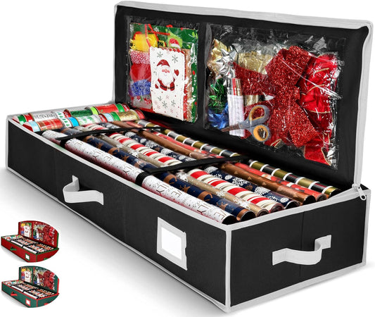 Premium Wrapping Paper Organizer Storage | Gift Wrap Holder With Extra Pockets for Christmas Decorations, Reinforced Handles, Heavy Duty, Ultra-Durable, Tear-Proof Fabric - Fits Up to 27 Rolls (Black)