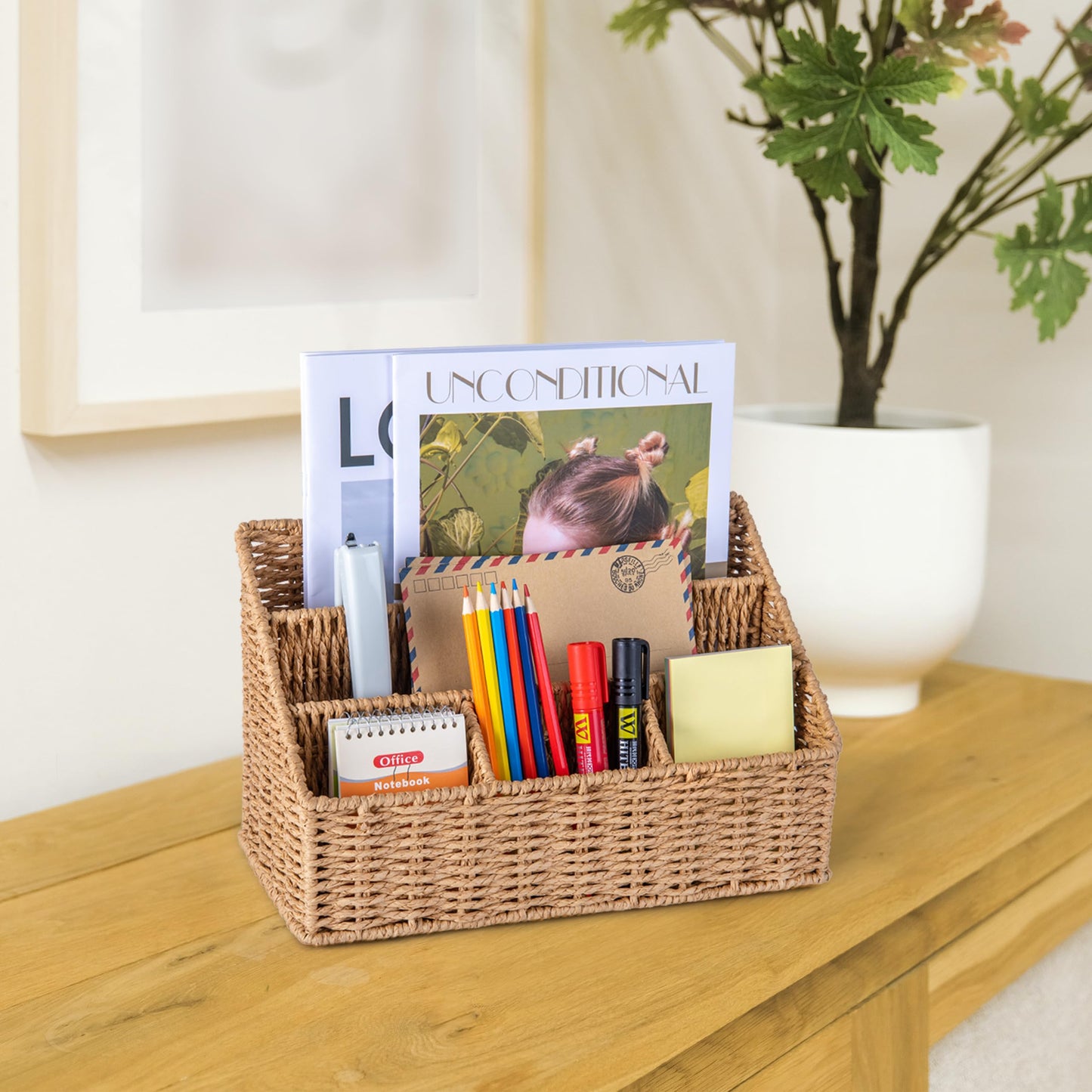 DINGTAI Rattan Desk Organizer, Tabletop Mail Holder, 5 Slot Mail Organizer Countertop Basket, Rattan Office Supplies, Boho Office Desk Accessories, Wicker Desk Organizer, Magazine Holder（Wicker）