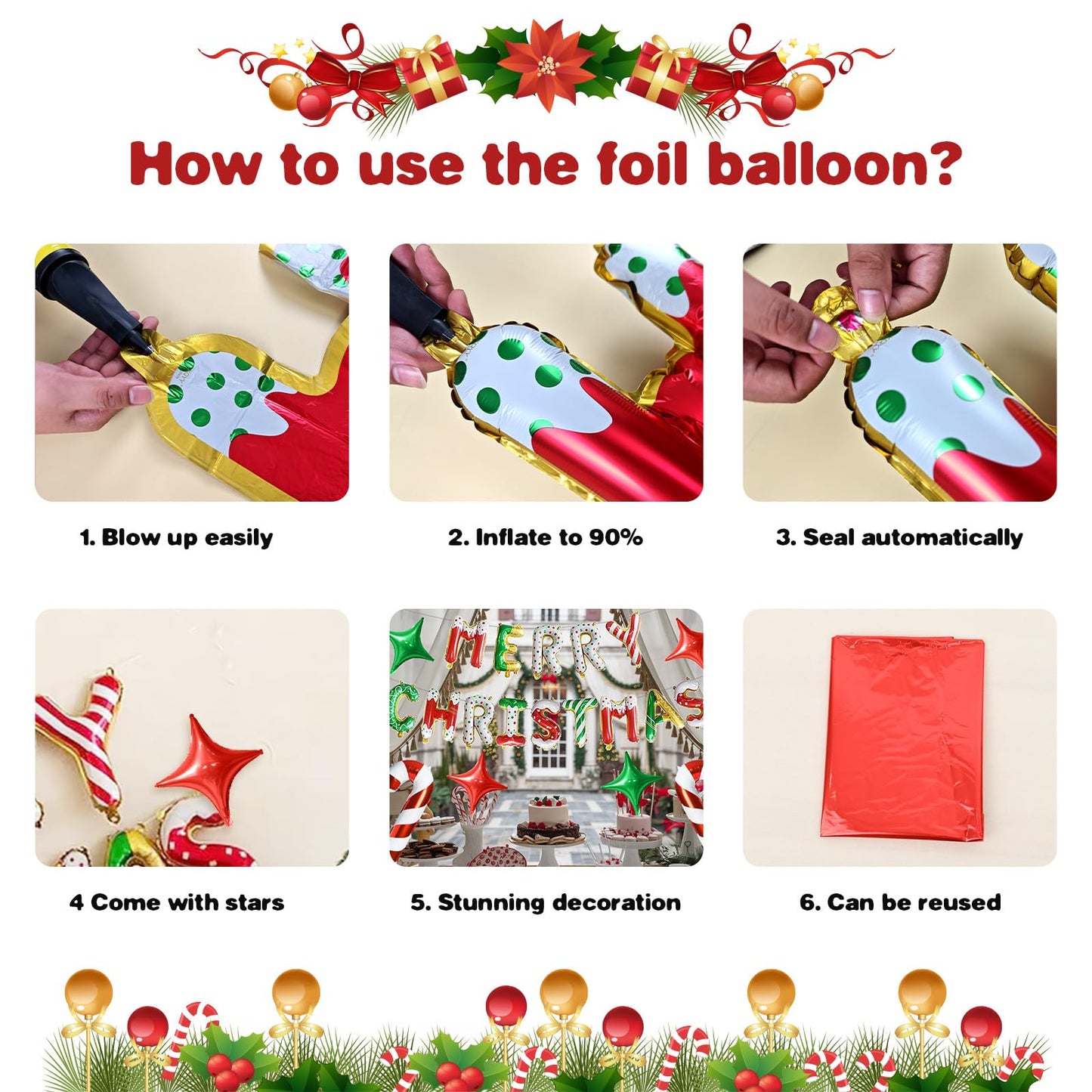 FunHot Merry Christmas Balloons Banner, Donut Merry Christmas Foil Balloons, 16 Inch Xmas Letter Balloon with Mini Candy Cane Green Red Star Balloon for Xmas Indoor Outdoor New Year Party Decor