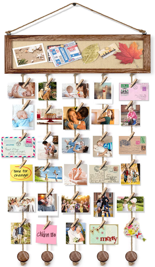 Bikoney Picture Frames Collage Wall Decor Hanging Photo Display Multi Pictures Organizer with Wood Bulletin Board Photo Board 30 Clips and 6 Pushpins for Room (Carbonized Black)