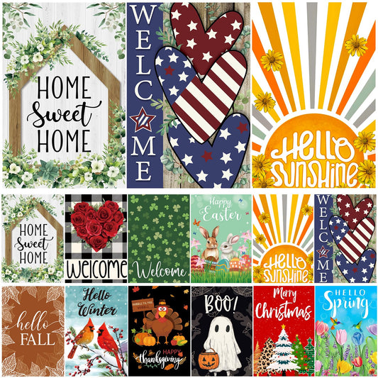 Seasonal Garden Flags Set of 12 Double Sided 12x18 Inch, Small Yard Flags for Outside, Christmas Halloween Easter Valentine's Day Decor, Spring Summer Fall Winter Holiday Garden Decorations