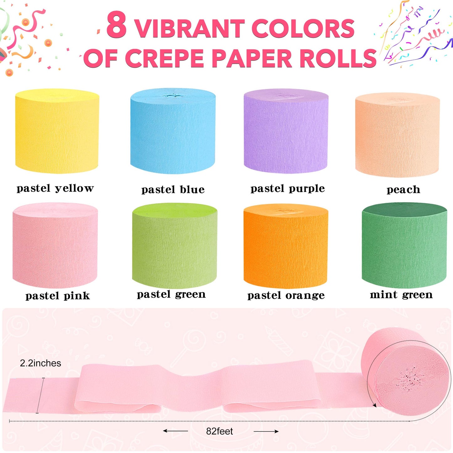 Oubest Crepe Paper Streamers 2.2 Inch x 656 Feet Ideal Party Supplies & Decorations for Birthdays Baby Showers Bachelorettes Weddings DIY, 8 Rolls Pastel Streamers Backdrops, Doorway & Wall Decor