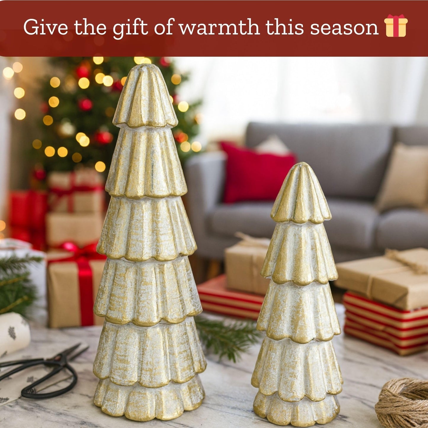 Mie Creations Christmas Tree Figurines, Set of 2 Wooden Decorative Trees for Home, Living Room, Table Centerpiece, Fireplace Mantel, Xmas Indoor Decor, Elegant White & Gold Christmas Trees-11,8 inch