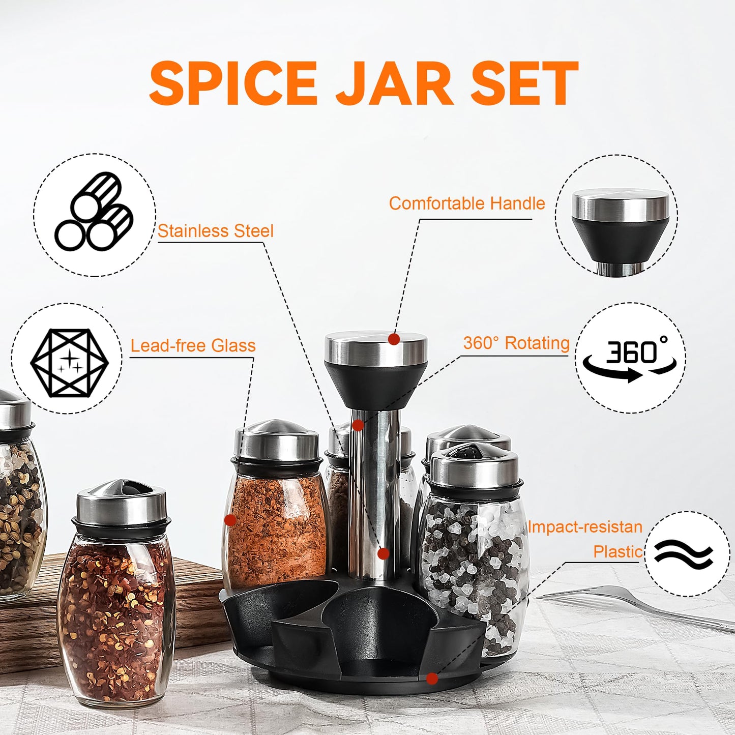 Mlici 6PC Spinning Glass Spice Jars - 360° Rotating Spice Rack Organizer with Jars, Stainless Steel Revolving Seasoning Holder Jars for Countertop Cabinet Kitchen Spices Cruets