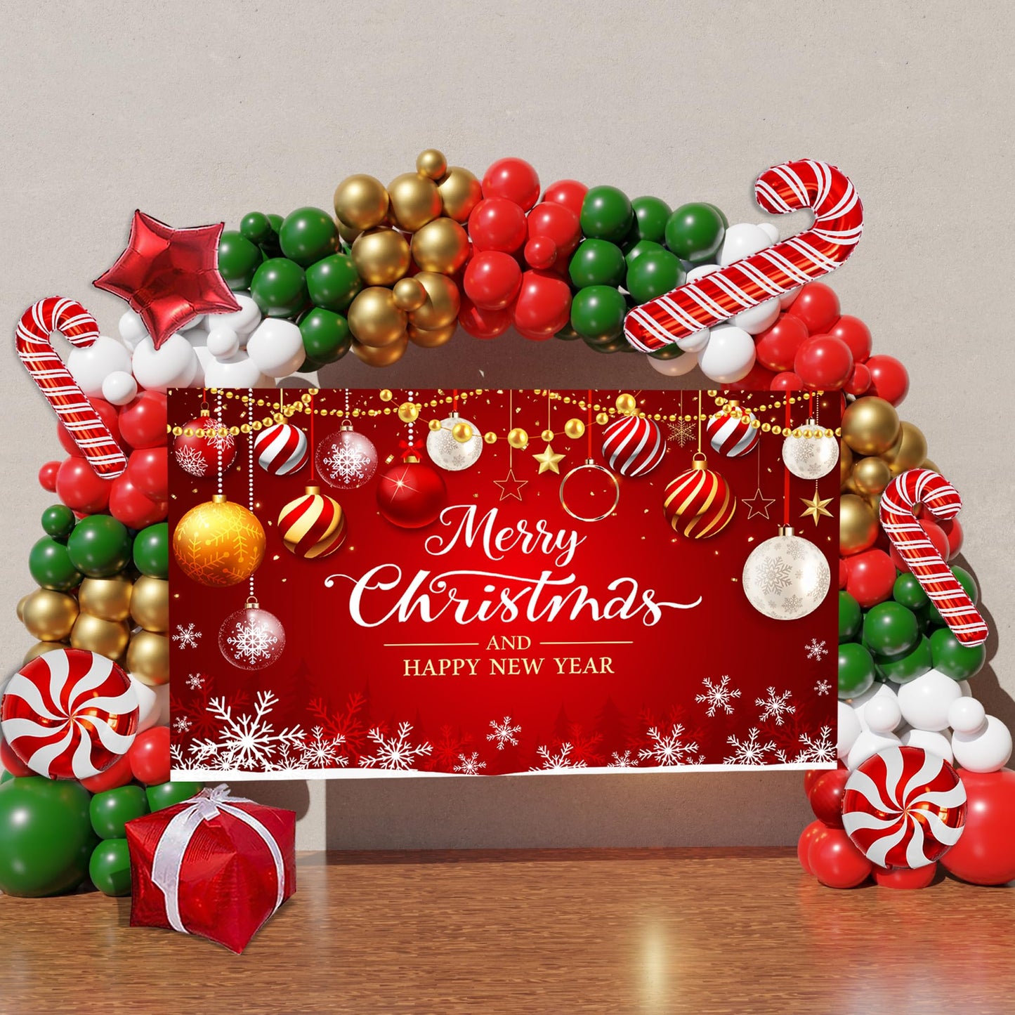 Christmas Balloon Arch Kit, 163PCS Christmas Party Decorations with Large Backdrop for Photography, Red Green Gold, Candy Cane, Red Star, Gift Box Foil Balloons for Party Decor