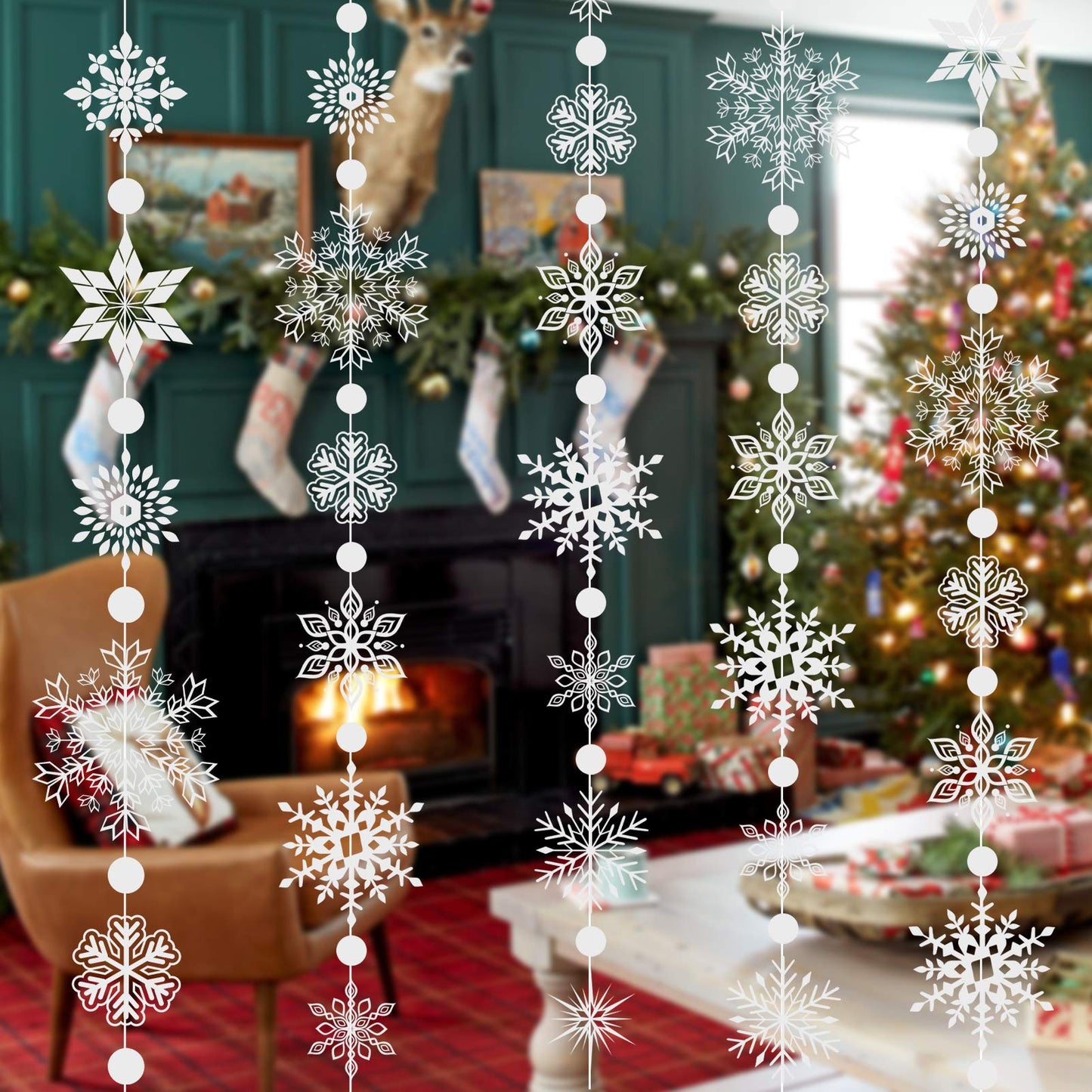 Konsait 16.4ft Winter Snowflake Hanging Garland Christmas Decoration, 2 Strings Snowflakes Ornaments Garland for Christmas Winter Wonderland Holiday New Year Party Home Decorations Supplies