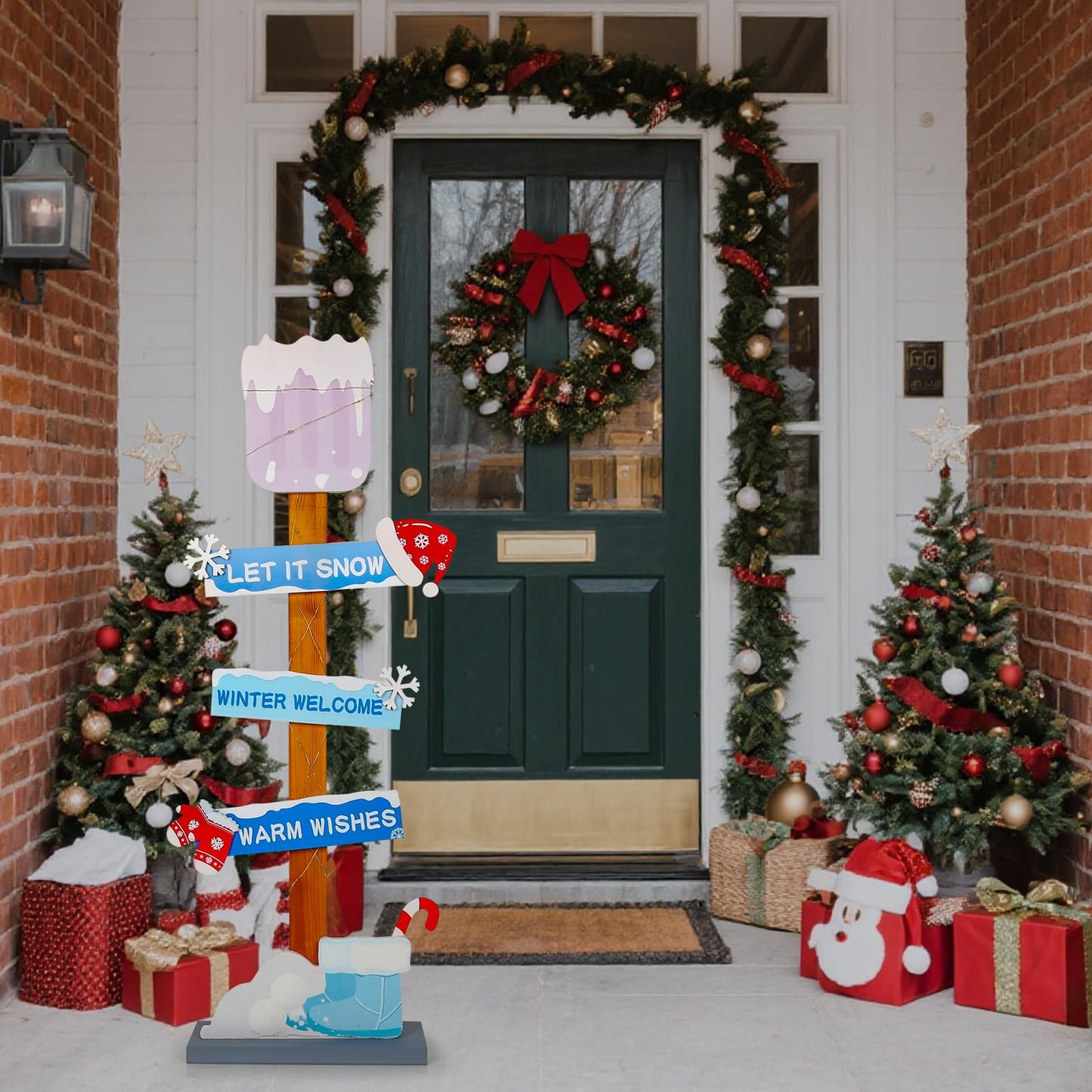 Lighted Wooden Winter Porch Sign | Let It Snow Winter Welcome Porch Decor |Xmas Hat Gloves Candy Cane Wood Signs for Winter Wonderland Bule Decorations