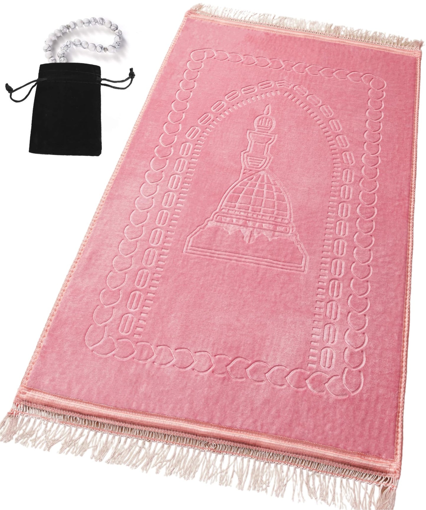 Prayer Rug Muslim Mat Islamic - Luxurious Velvet Turkish Prayer Rug Sajadah for Kids Men Women for Eid Travel Ramadan, Soft and Luxury (Pink)