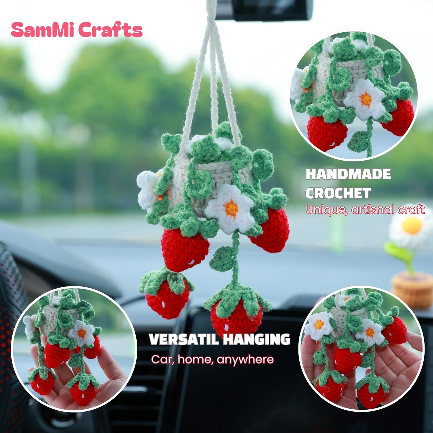Handmade Strawberry Pot Crochet Car Hanging Ornament, for Mom, Cute Rear View Mirror Car Charm, Yarn Car Accessory for Women (Strawberry Pot)