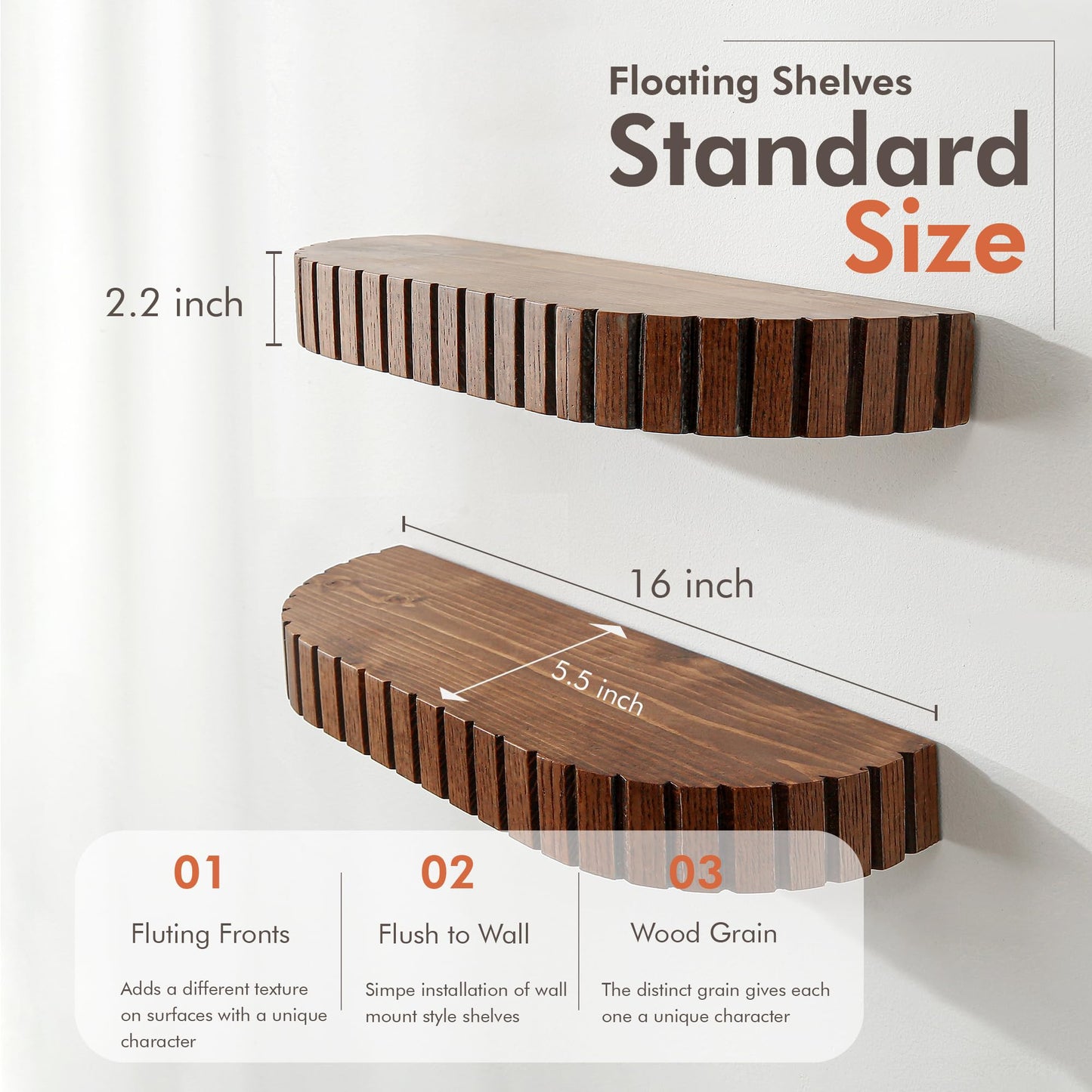 GRID FORTE Wood Rounded Fluted Floating Shelf Set of 2, 16Wx5.5D Inch– Modern Display Shelf with Decorative Edge, Rustic Hanging Storage for Plants, Books, Photos & Home Décor