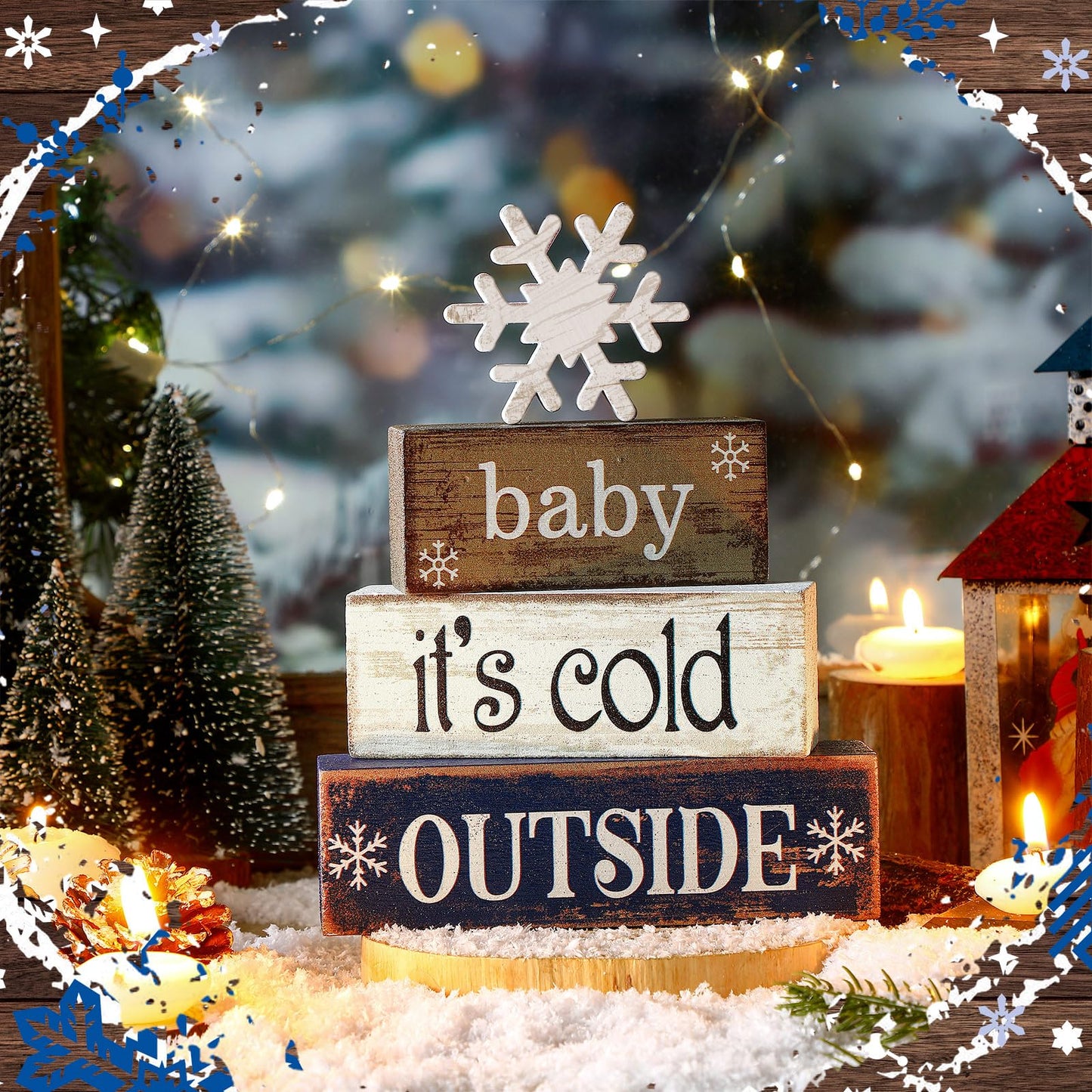 Moucuny 4 Pcs Winter Wooden Tabletop Decor Snowflake Tiered Tray Decor Winter Centerpiece Rustic Snow Block Signs Farmhouse Table Shelf Decoration for Home Office Party