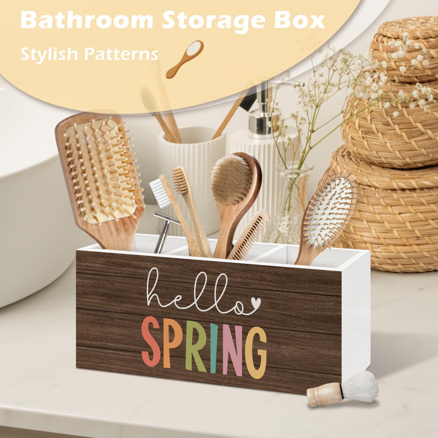 ANIANG Hello Spring Decor Pen Holder Organizer, Spring Seasonal Desk Decor, Rustic Farmhouse Wooden Pen Pencil Holders for Home Room Office Garden Desk Accessories