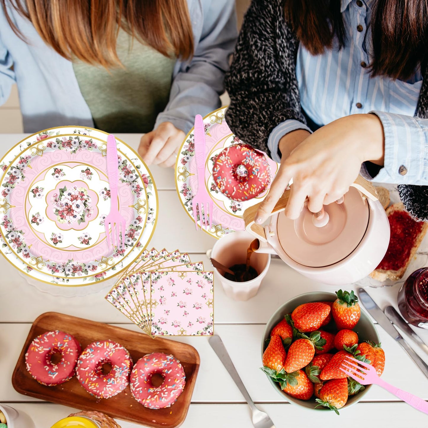 Fyeoxle 96pcs Floral Party Supplies Flower Paper Plates and Napkins Tableware Set for 24 Guest Floral Party Disposable Paper Dinner Plates Napkins Forks for Birthday Bridal Shower Tea Party Supplies
