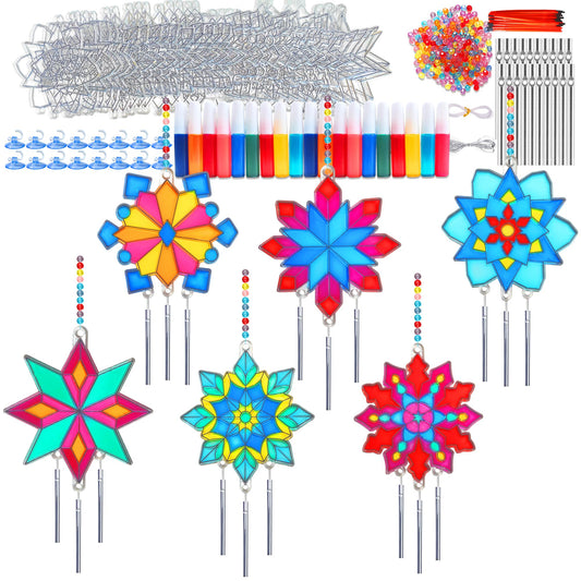 Ayhuhra 30 Sets Winter Snowflake Wind Chime Suncatchers Craft Kits DIY Window Paint Art Kit Christmas Snowflake Craft for Classroom Winter Christmas Holiday Seasonal Activities Art Project