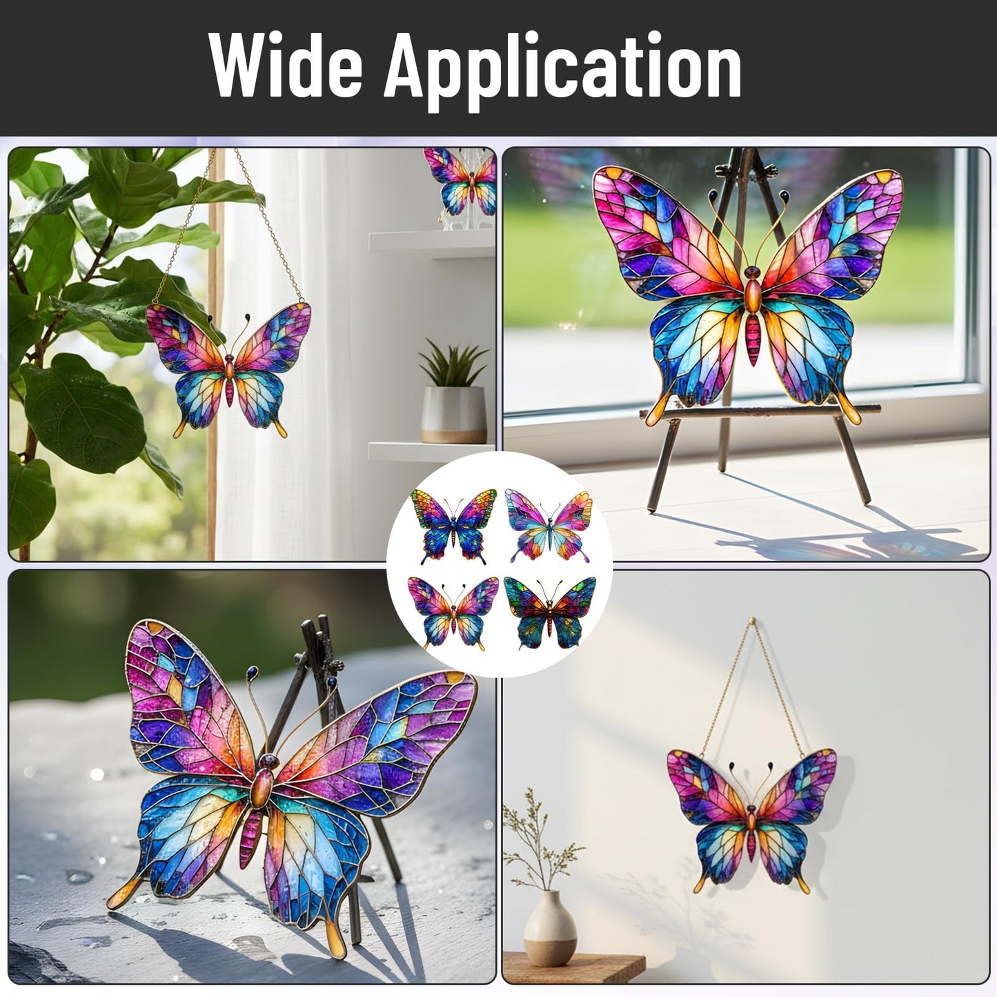 Stained Glass Window Hanging Butterfly Ornaments, 4-Piece Acrylic Sun Catchers Indoor Window,Indoor Window Decor, Faux Stained Glass Effect Gift for Her,Keepsake Ornament Set