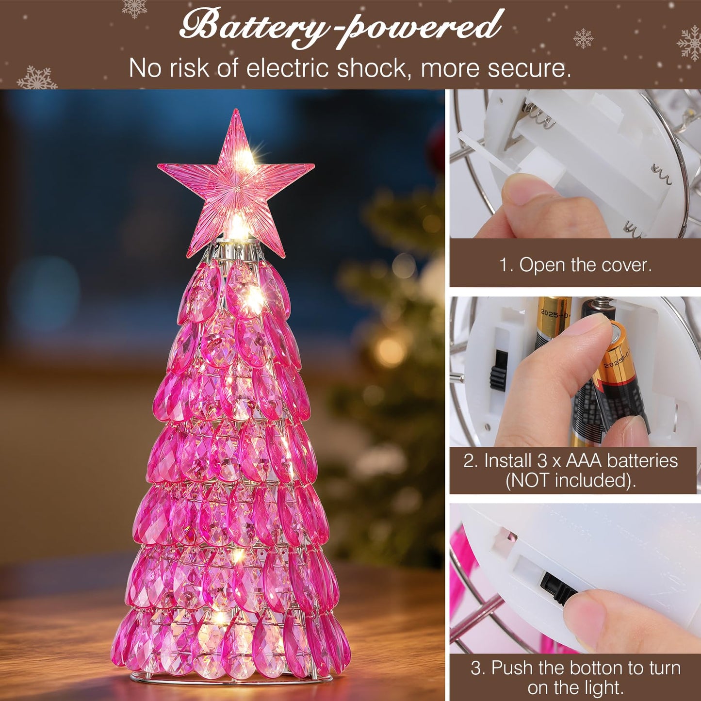 Lewondr Christmas Tree Lamp, 12 Inch Battery Powered Crystal Tabletop Lighted Christmas Decorative Light LED Lamp, Luxury Handmade Glittering Xmas Tree Table Decoration for Home Party Gift, Pink