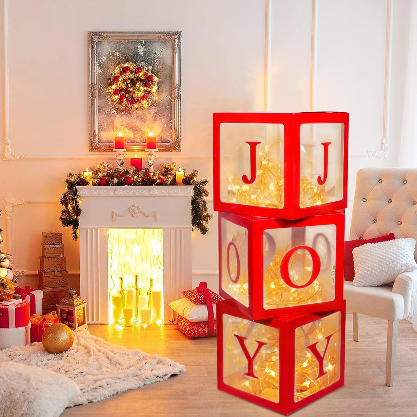 Christmas Decorations Large Red Transparent Light Box, Holiday Party Home Fireplace Decor
