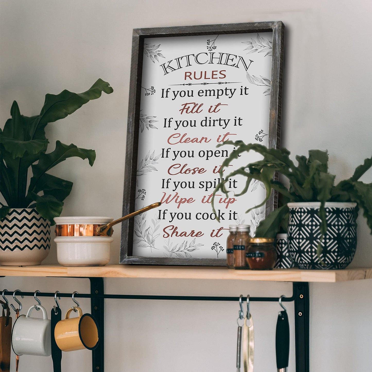 Buecasa Farmhouse Funny Kitchen Rules Sign - Rustic Country Wooden Frame Dinning Room Decorations 16x9.5 Inches Vertical
