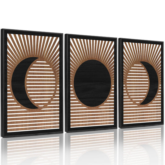 CHDITB Wooden Moon Phase Celestial Framed Wall Decor(Set of 3, 16"x24"), Boho Geometric Moon Appearance Line Art Hollow Laser Cut Decor, Nordic Gothic Minimalist Artwork Wall Sculpture for Living Room Bedroom