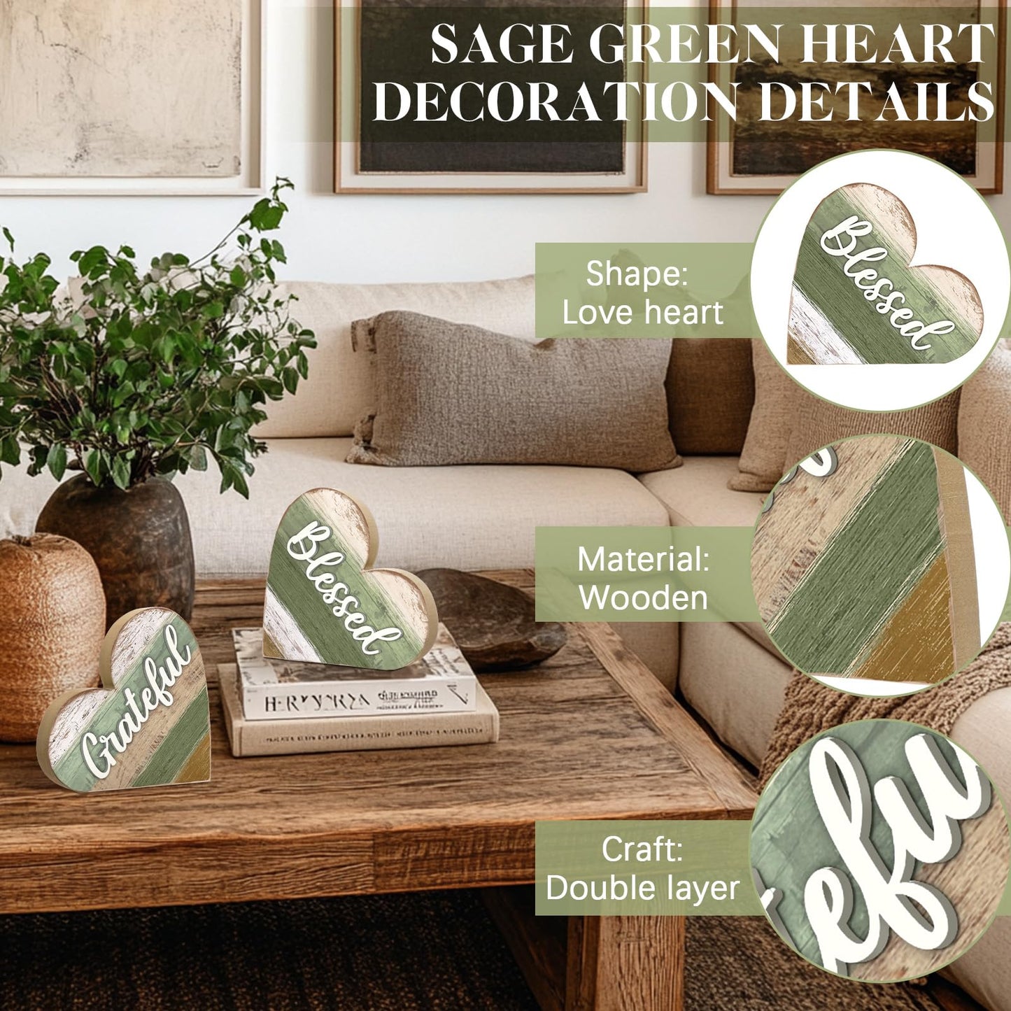 Jetec 2 Pcs Rustic Wooden Heart Table Decor, Daisy Farmhouse Home Decor, Bless This Home & Be Kind Sign for Living Room, Dining Room, Shelf & Mantel, Ideal Housewarming & Birthday Gift(Blessed Style)